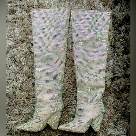 Nude, iridescent rhinestone over the knee/thigh high boots. - Picture 3 of 5